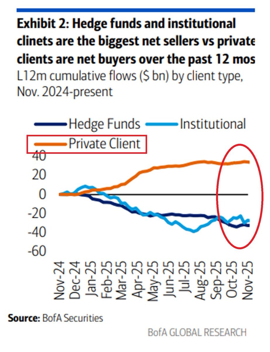 从2024年底到2025年11月，对冲基金（Hedge Funds）和机构（Institutional）是持续的净卖方，而Private  Client（散户）却在持续买入。 这意味着专业资金在过去