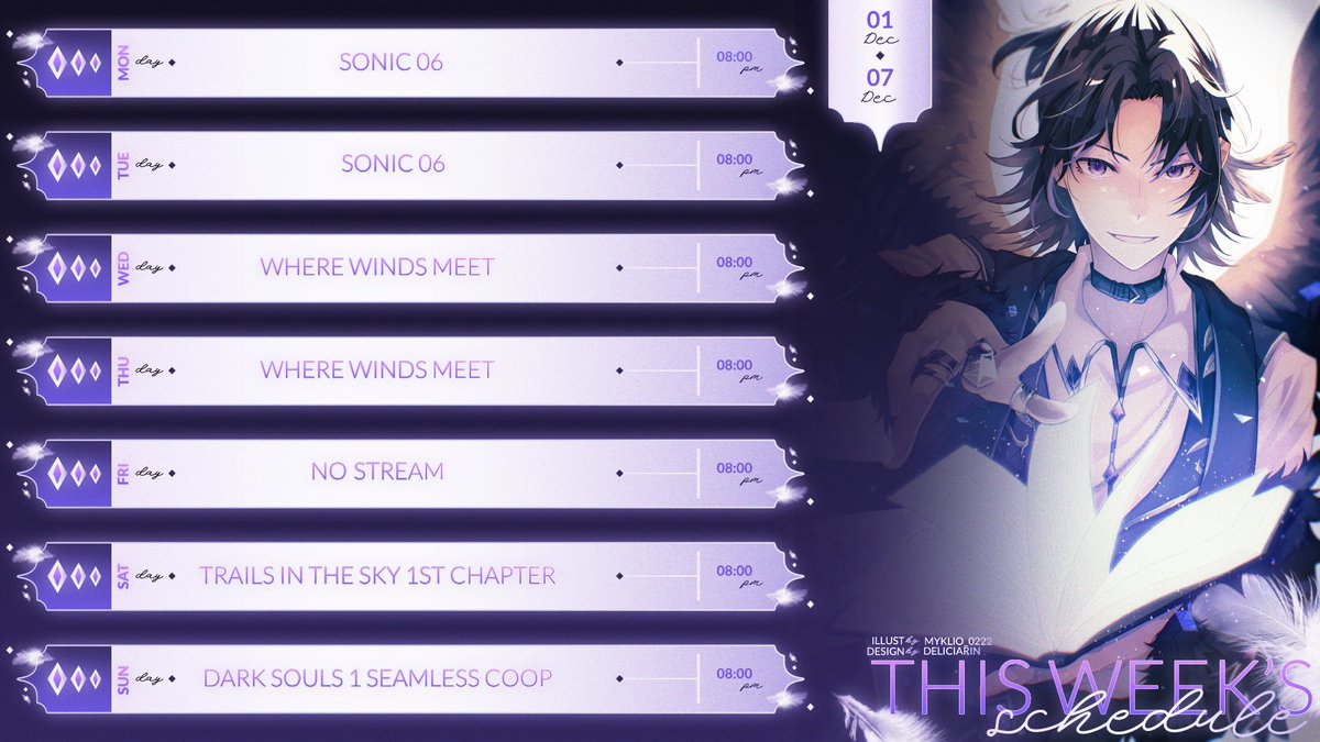 LeyneVT's tweet image. Schedule Time! 💜🪽
Week of 12/1/2025 - 12/7/2025

Among other things, this week I'll be trying out Where Winds Meet which I've heard so much about recently!