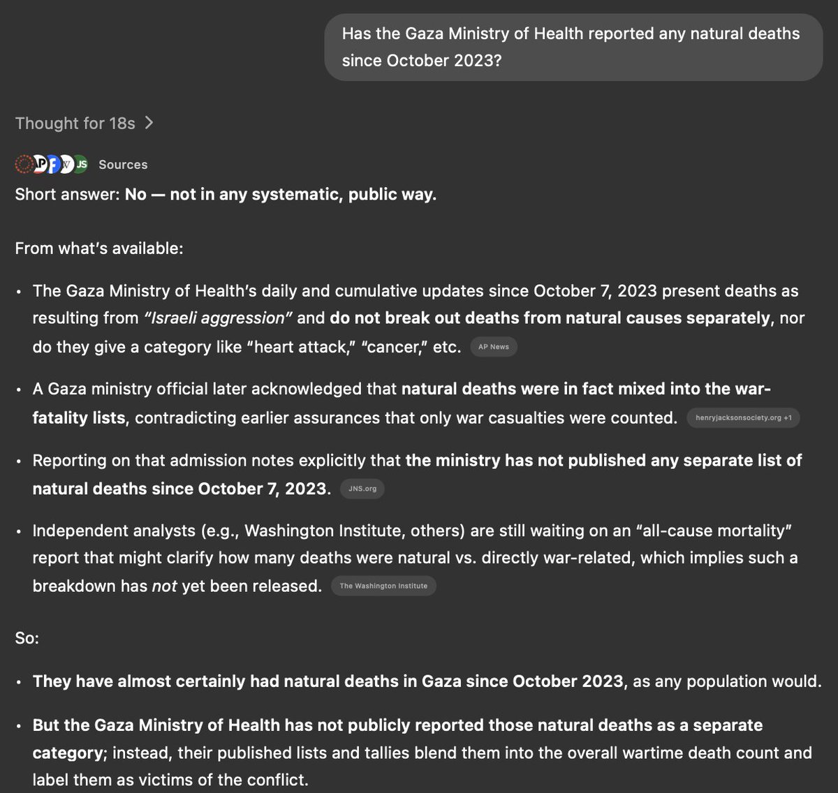 Holy sh1t.

The Gaza Ministry of Health hasn't reported a single natural death since October 2023.

Every single death since October 2023 has been counted as a war death.

In other words: When the news reports "70,000 people have died in Ghazza since October 7, 2023," they mean