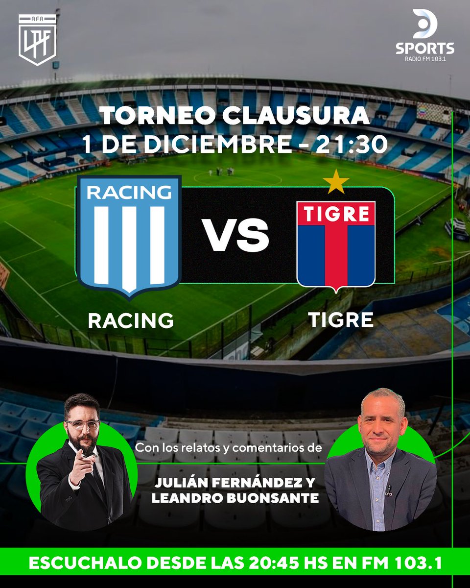 Se define el último Semifinalista del #TorneoClausura en <a href="/DSportsRadio/">DSports Radio 103.1 FM</a> 103.1 
#Racing #Tigre 
Junto a <a href="/yojulifernandez/">Julián Fernández</a> <a href="/BuonsanteLean/">Leandro Buonsante</a> <a href="/Hachita/">Ariel Hachita Ludueña ⭐⭐⭐</a> <a href="/leo_orieta1/">Leo Orieta</a> y <a href="/EstebanSassi/">esteban sassi</a>