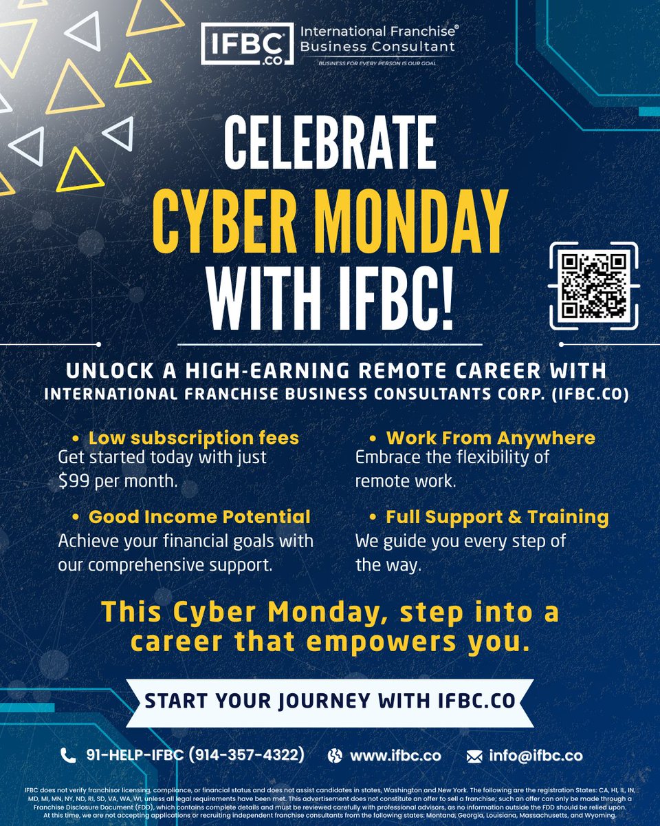 ifbc_co's tweet photo. This Cyber Monday, start a flexible work-from-home career as an IFBC Franchise Consultant, no upfront fee. Build a new income stream, work for yourself, and help others do the same. Your consulting journey starts now! 🚀
Join here: https://t.co/YhNz56cXL0
#IFBC #BeAPartOfTheIFBC https://t.co/BzTqQTRpn2