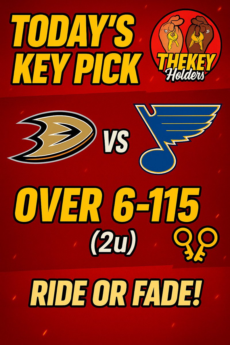 thekeyholders_'s tweet image. Today’s Key Play🔑

Anaheim Ducks vs St. Louis Blues
o6 -115 (2u)🔑🔑

1️⃣Ducks has 3rd string goalie starting tonight!
2️⃣Ducks 2nd ranked scoring team in the NHL! 

Ride or Fade!