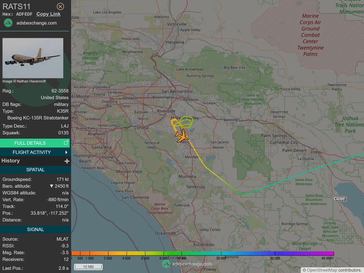 IntelskyB's tweet image. 🇺🇸 ✈️ United States Air Force - Boeing KC-135R Stratotanker (ADFEDF, 62-3558) RATS11 was spotted over 🇺🇸 Riverside County - United States.
🔴 Live tracking:
1-global.adsbexchange.com/?icao=ADFEDF
2-flightradar24.com/ADFEDF
3-airnavradar.com/mode-s/ADFEDF
#OSINT #SIGINT #ADSB