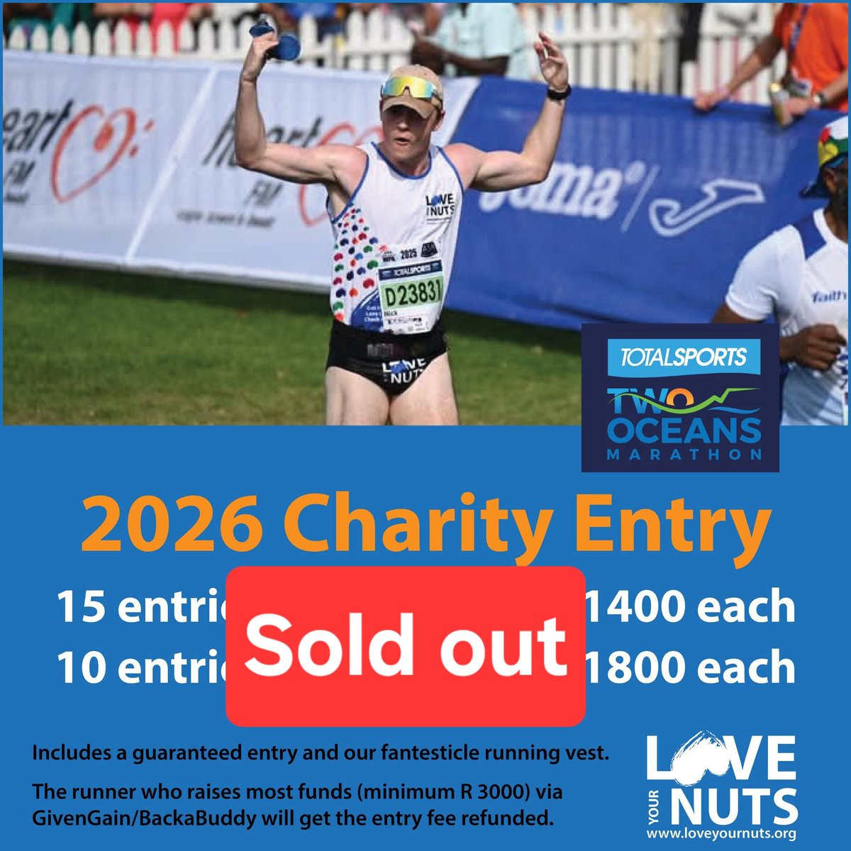 Two Oceans Marathon entries are sold out. Thanks for your fantesticle support!

#loveyournuts changing a man's behaviour one nut at a time