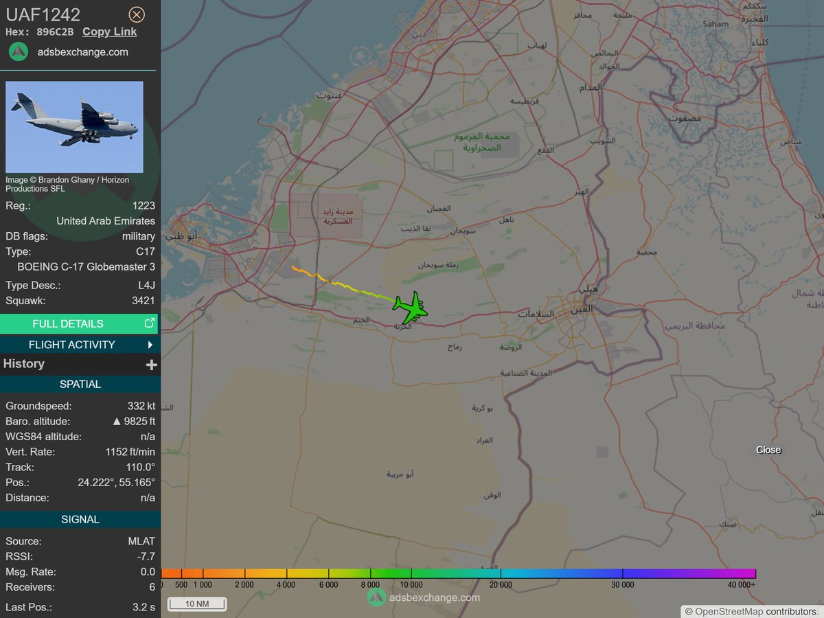 IntelskyB's tweet image. 🇦🇪 ✈️ United Arab Emirates Air Force - BOEING C-17 Globemaster 3 (896C2B, 1223) UAF1242 was spotted over 🇦🇪 Al Ain - United Arab Emirates.
🔴 Live tracking:
1-global.adsbexchange.com/?icao=896C2B
2-flightradar24.com/896C2B
3-airnavradar.com/mode-s/896C2B
#OSINT #SIGINT #ADSB