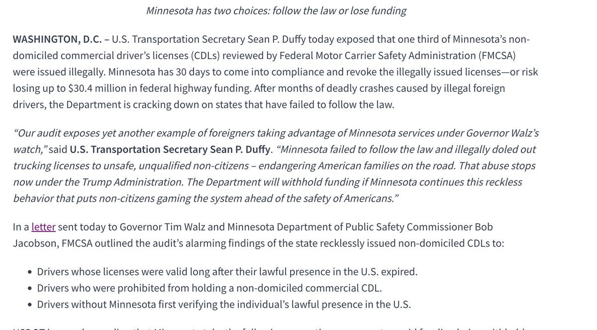 AlphaNews's tweet image. NEW: The US Department of Transportation says an audit found one third of Minnesota’s non-domiciled commercial driver’s licenses were issued illegally. 

“Minnesota failed to follow the law and illegally doled out trucking licenses to unsafe, unqualified non-citizens –…