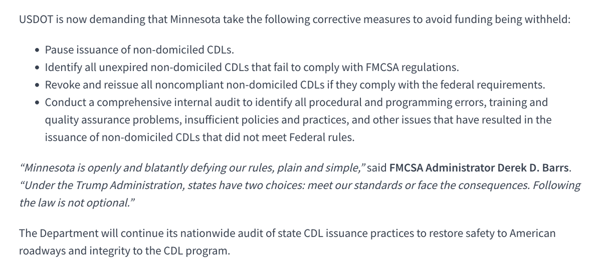 AlphaNews's tweet image. NEW: The US Department of Transportation says an audit found one third of Minnesota’s non-domiciled commercial driver’s licenses were issued illegally. 

“Minnesota failed to follow the law and illegally doled out trucking licenses to unsafe, unqualified non-citizens –…