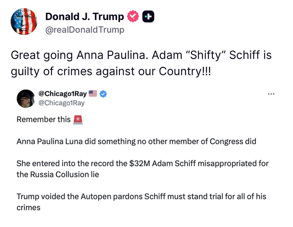 Whoa. President Trump says Adam Schiff is guilty of “crimes against our country.” 

He’s cooked.