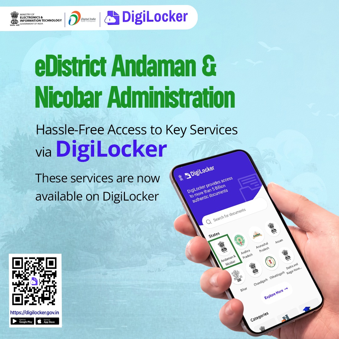 digilocker_ind's tweet image. eDistrict Andaman &amp;amp; Nicobar Administration
Now providing seamless access to citizen services via DigiLocker!
Access certificates, licenses, permits, applications and renewals instantly, securely and paperlessly-all in one place.
Download #DigiLocker App Now