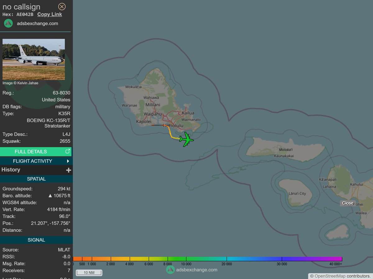 IntelskyB's tweet image. 🇺🇸 ✈️ United States Air Force - BOEING KC-135R/T Stratotanker (AE042B, 63-8030) N/A was spotted over 🇺🇸 Honolulu County - United States.
🔴 Live tracking:
1-global.adsbexchange.com/?icao=AE042B
2-flightradar24.com/AE042B
3-airnavradar.com/mode-s/AE042B
#OSINT #SIGINT #ADSB
