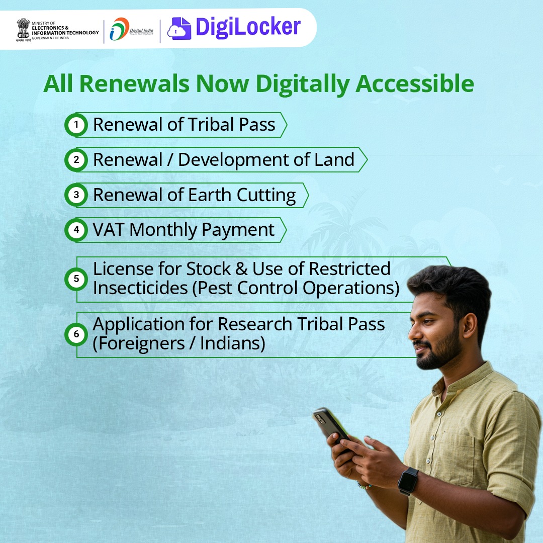 digilocker_ind's tweet image. eDistrict Andaman &amp;amp; Nicobar Administration
Now providing seamless access to citizen services via DigiLocker!
Access certificates, licenses, permits, applications and renewals instantly, securely and paperlessly-all in one place.
Download #DigiLocker App Now