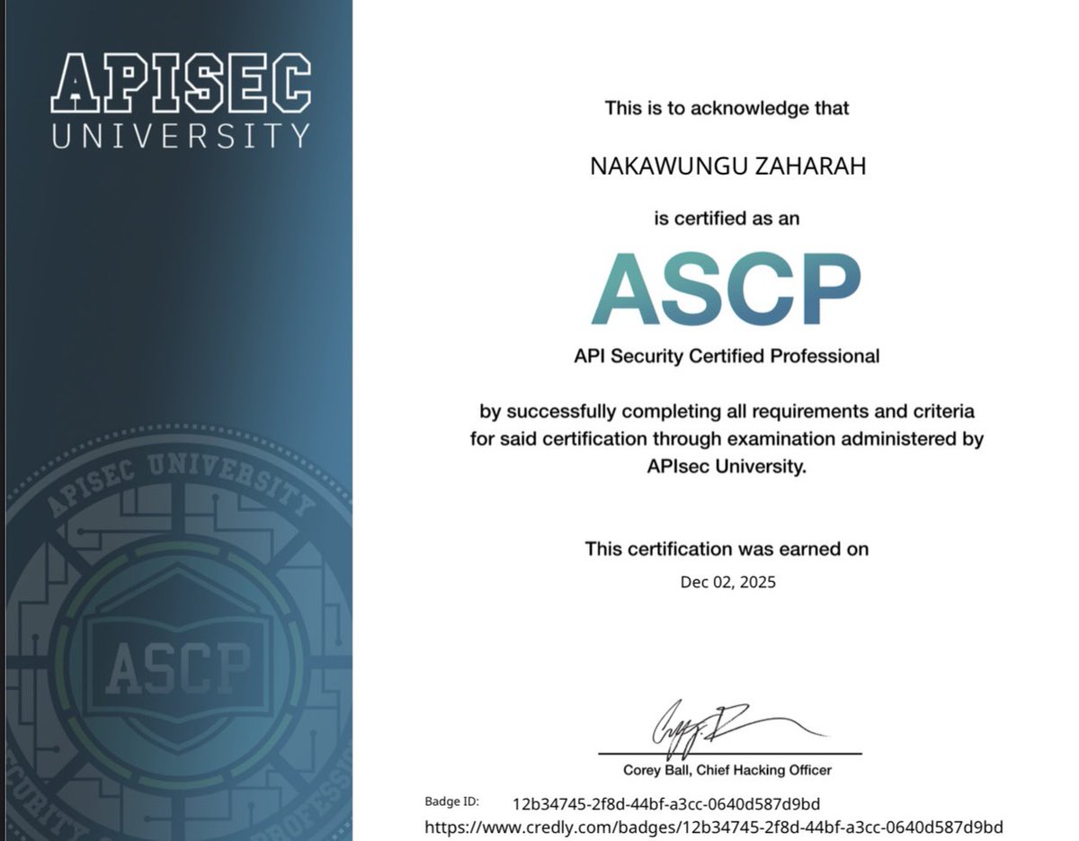 ZaharaNakawungu's tweet image. API Security Certified! 🚀 Just passed my ASCP exam!  Bringing security expertise to the table, one API at a time 💻 @ce3nerd ,@sisinerdtweets @cybersafehq   #APISecurity #Cybersecurity #ASCP&quot;