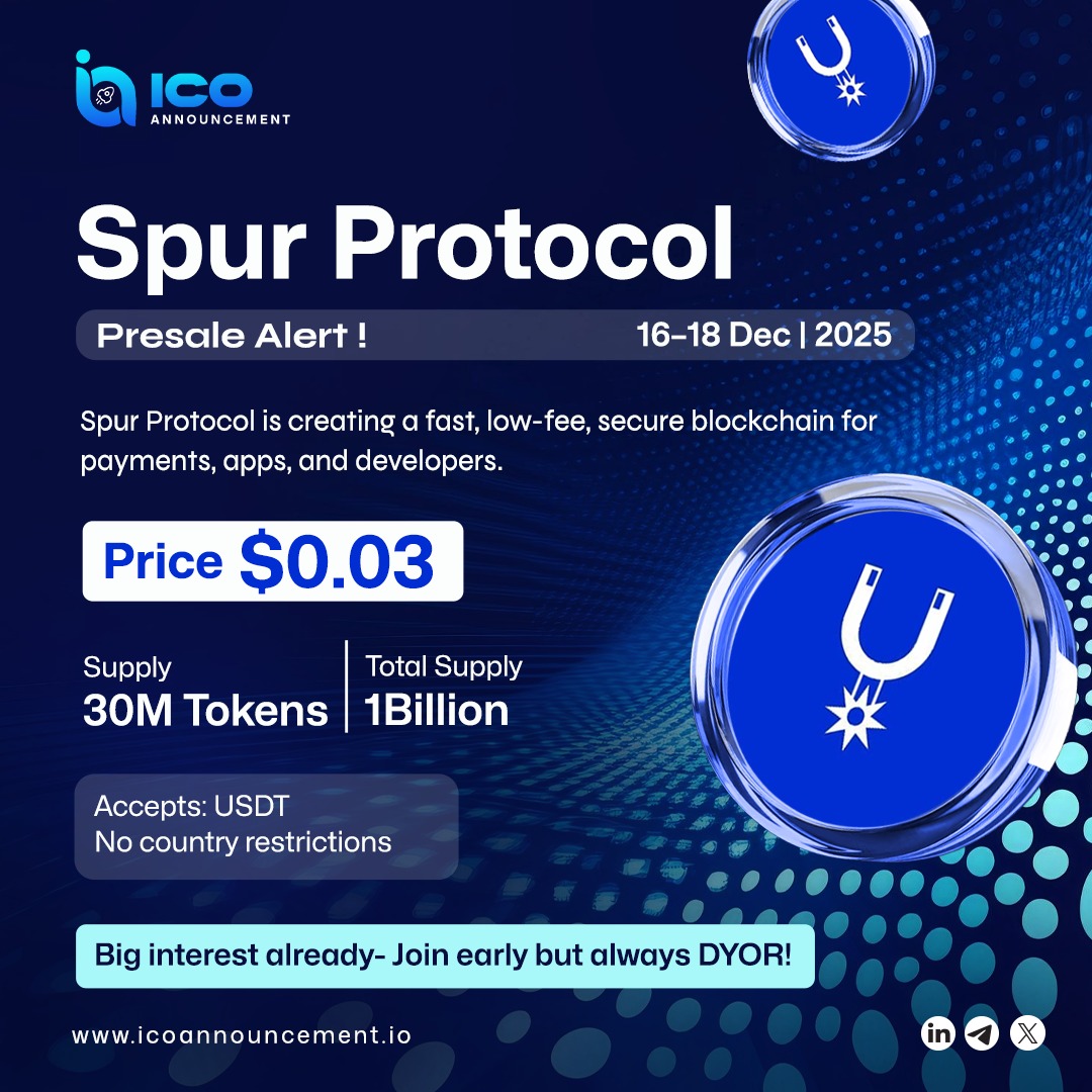 ICOAnnouncement's tweet image. Spur Protocol $SON IDO goes live Dec 16–18 - lightning-fast, low-fee blockchain power at just $0.03! Don’t miss the early wave!

Explore More Visit: icoannouncement.io/crypto-ido/spu…

#SpurProtocol #SONToken #CryptoPresale #IDOAlert #BlockchainRevolution #CryptoLaunch #NewGemAlert…
