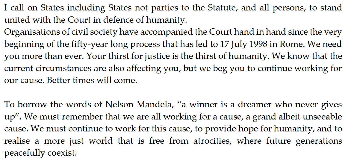 DanyaChaikel's tweet image. #ASP24 opening remarks of #ICC President Akane. She &quot;begs&quot; CSOs to keep supporting the Court, but no mention of 3 Palestinian CSOs sanctioned for doing so - now isolated, cut off from banking, facing closure. Some states don’t even know they’re sanctioned.asp.icc-cpi.int/sites/default/…