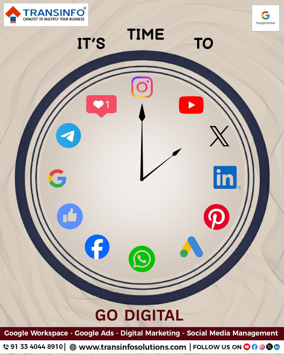 transinfosol's tweet image. Your brand o’clock starts now — it’s time to go digital.

Turn your time into digital success—connect with us now.
Call Us Now On: 91 33 4044 8910
Or, Visit: transinfosolutions.com

#TransinfoSolutions #Transinfo #GoDigital #DigitalMarketing #DigitalAgency #MarketingAgency