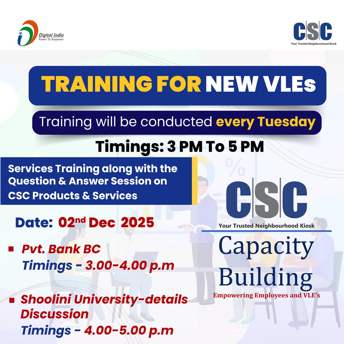 CSCegov_'s tweet image. TRAINING FOR NEW VLEs!!

It will be conducted on December 12, 2025 (Today) from 3 PM to 5 PM...

Training on CSC Products &amp;amp; Services, along with a Q&amp;amp;A Session, will be conducted.

To join the meeting, scan the QR code or visit: csc-academy.webex.com/csc-academy/j.… 

#CSC #DigitalIndia…
