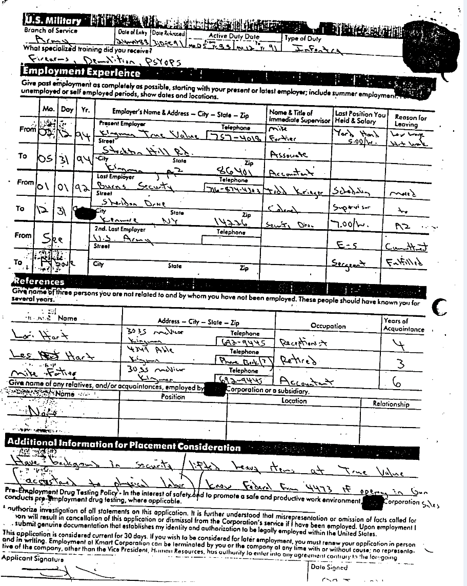 BirdWendy2's tweet image. Whereupon Timothy McVeigh fills out a job application for a position as an “overnight stocker” in June 1994 and lists his military experience as “PSYOPS” and “Demolitions,” neither of which appears as specialized training in his military records.