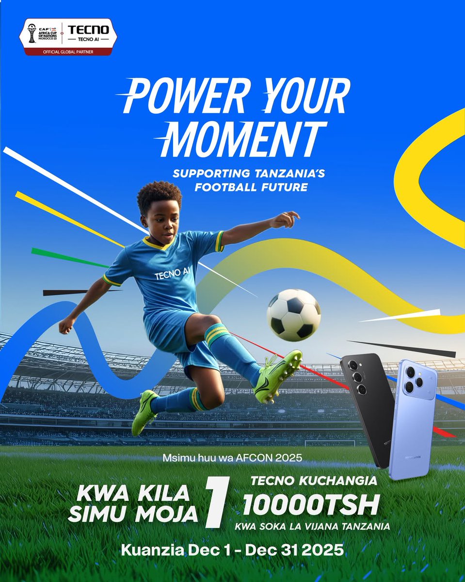 TecnomobileTZ's tweet image. Msimu wa AFCON, kila ukinunua simu ya TECNO unaleta matumaini kwa vipaji vya soka Tanzania! Kwa kila simu ya TECNO unayonunua, tunachangia 10,000 TSH kukuza na kuinua soka la vijana nchini U18. 
Ungana nasi kufanya mabadiliko nunua simu, timiza ndoto za mabingwa wa kesho.