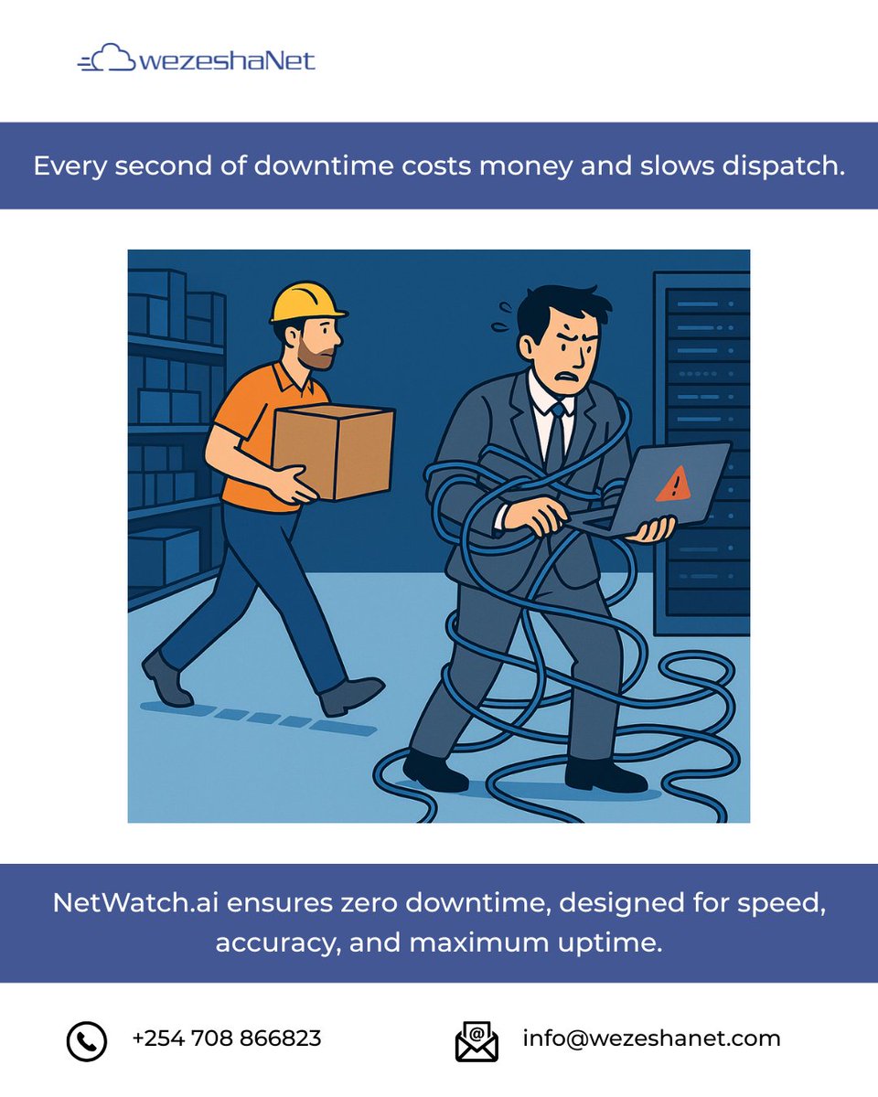WezeshaNet's tweet photo. Warehouses run on speed — your IT should too.

One freeze, lag, or network drop can stall everything.

#NetWatch.ai keeps operations moving with:

✅ Real-time visibility
✅ Self-healing automation
✅ Smart alerts

Fast ops need fast IT. Let’s talk.
#ITMonitoring https://t.co/l0xsXNPXN7