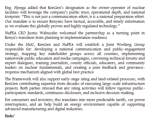 Kenya has named KenGen the owner-operator of its first nuclear power plant, a project expected to start at about 2GW and scale toward 6GW as part of plans to add 10GW of capacity.