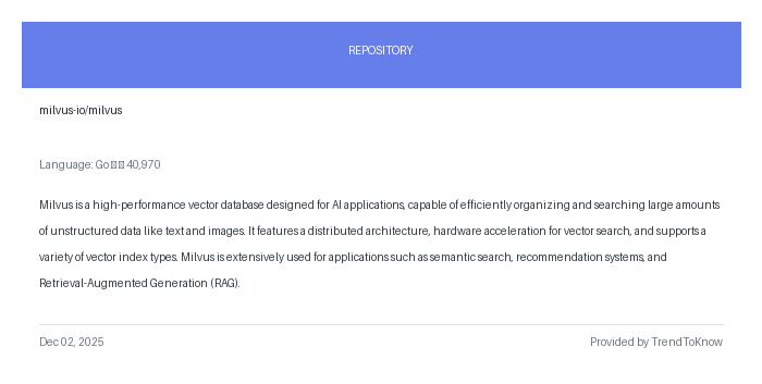 aitrendings's tweet image. milvus-io/milvus

💻 Go

#Milvus #VectorDatabase #AIApplications #OpenSource #GoLang

🔗 trendtoknow.ai