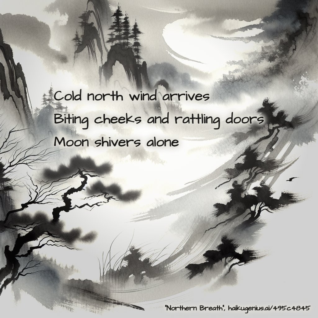 Cold north wind arrives
Biting cheeks and rattling doors
Moon shivers alone
"Northern Breath", haikugenius.ai/495c4845

✨ Create your own beautiful haiku with stunning generative art—free and no signup needed! Try it now: haikugenius.ai

#NorthernBreath #haiku
