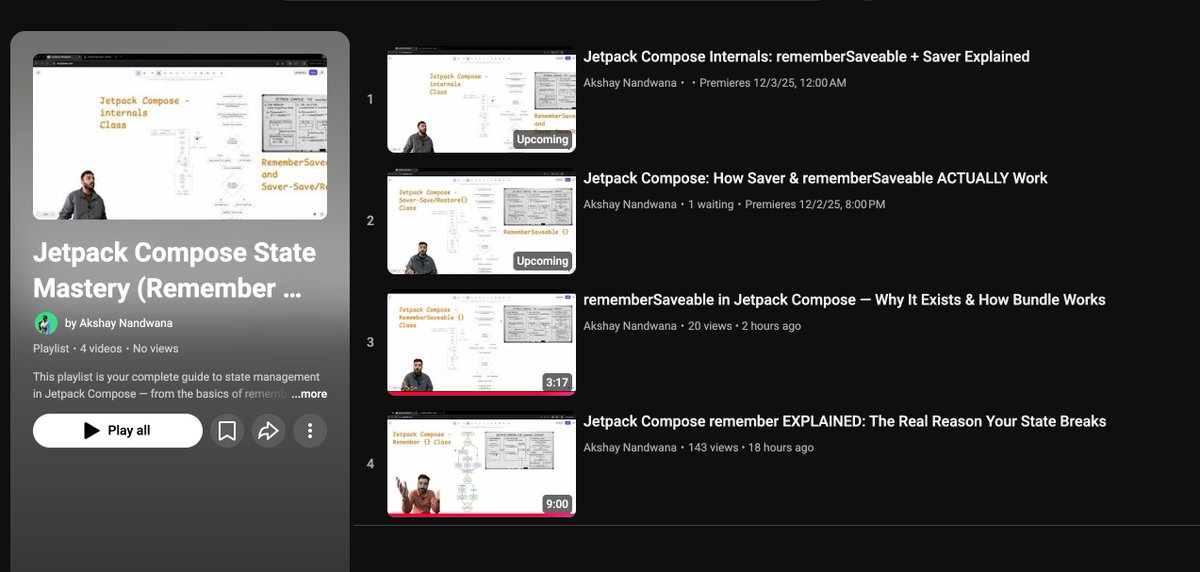 akshay81844's tweet image. Complete Playlist - yt.openinapp.co/1vayd 

Jetpack Compose Remember + Remember Saveable + Saver 

#androidDev #kotlin #jetpackCompose