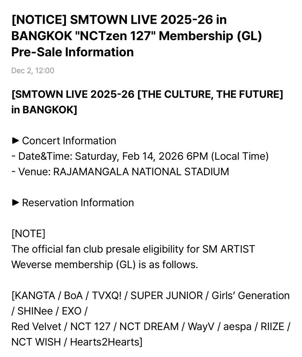 the127ism's tweet image. NCT 127 จะร่วมขึ้นคอนเสิร์ต SMTOWN LIVE 2025-26 [THE CULTURE, THE FUTURE] in BANGKOK

🗓️ 14 กุมภาพันธ์
📍 ราชมังคลากีฬาสถาน 

ลงทะเบียนรอบแฟนคลับ : 2-5/12 (11.59 น.)
กดบัตรรอบแฟนคลับ : 20/12 (10.00 - 16.00 น.)
กดบัตรรอบทั่วไป : 21/12 (10.00 น.)

#NCT127 @NCTsmtown_127