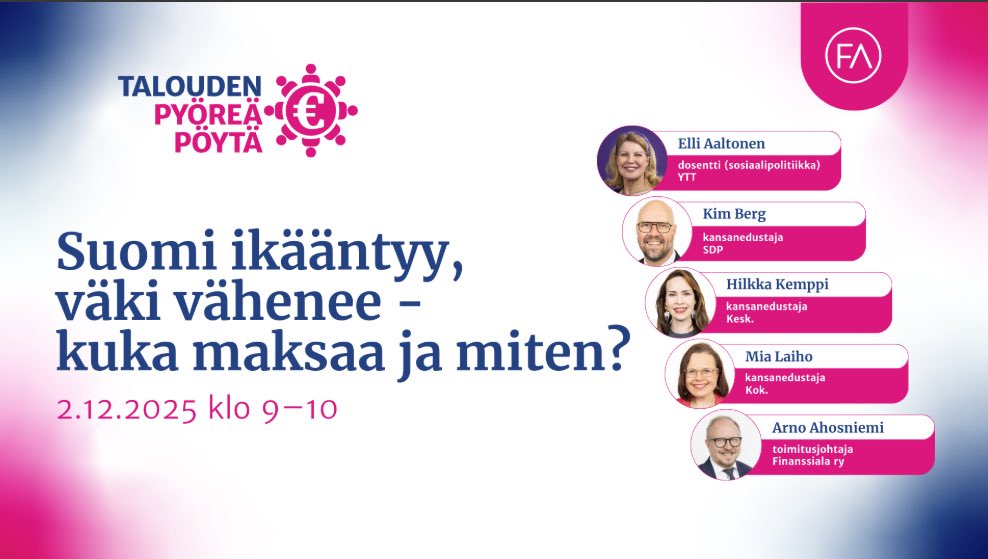 Väestö ikääntyy ja hoivan tarve kasvaa. 

‼️Pitäisikö varallisuus ottaa huomioon hoivamaksuissa? 

Keskustelemassa ⁦<a href="/HiluKemppi/">Hilkka Kemppi</a>⁩ ⁦<a href="/MiaLaiho/">Mia Laiho</a>⁩ Kim Berg ⁦<a href="/ElliAaltonen/">Elli Aaltonen</a>⁩ ja ⁦<a href="/arnoahosniemi/">Arno Ahosniemi</a>⁩ 

Nyt linjoille klo 9

lyyti.fi/reg/kuka-maksa…