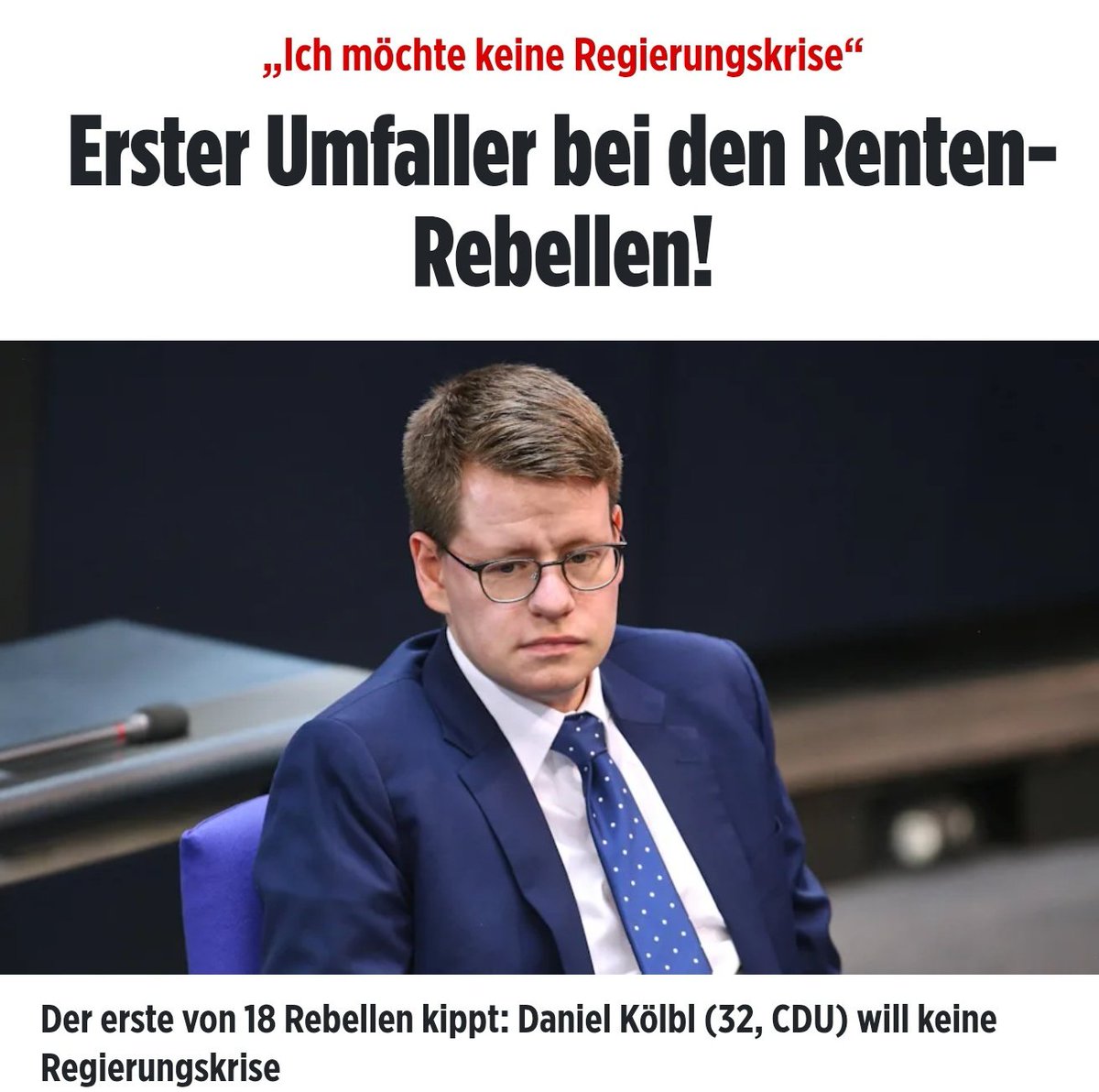 Daniel Kölbl will lieber keine Regierungskrise als eine vernünftige Lösung. Und damit verkörpert er für mich den Prototyp des Politikers, der dafür verantwortlich ist, warum wir überhaupt in der Krise sind.
Mit solchem Personal hat die CDU keine Zukunft verdient.