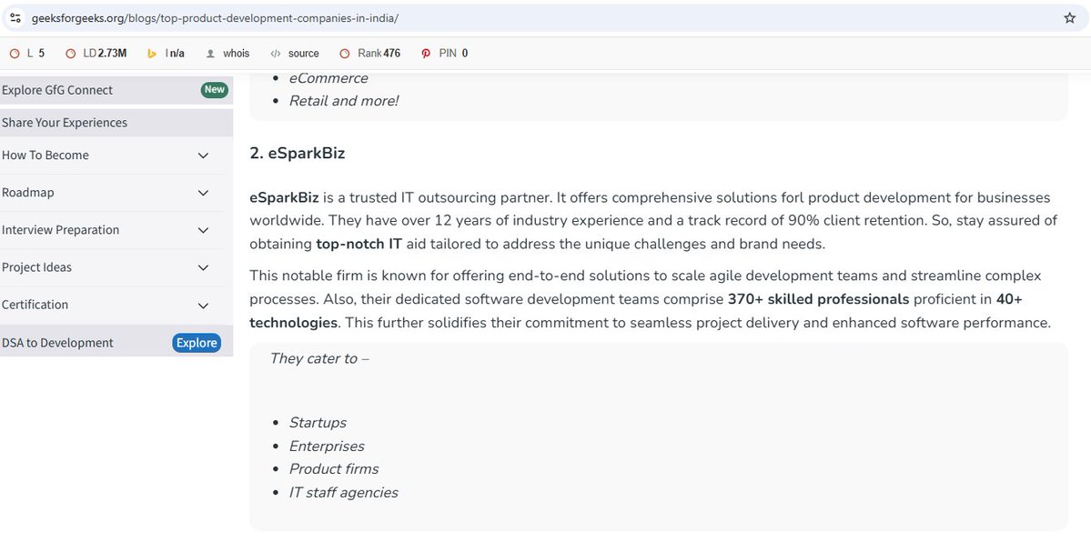 eSparkBiz's tweet image. Another win for innovation and excellence!

eSparkBiz is ranked #2 among India’s Top 7 Product Development Companies by GeeksforGeeks. 

See the official list: bit.ly/4rLUiD8

#DigitalTransformation #TechRecognition #ProductDevelopment