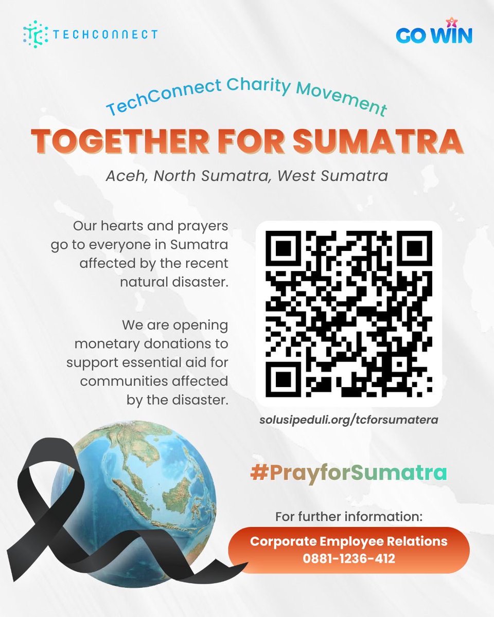 Techconnectid's tweet image. To help deliver essential aid, you can contribute through our official donation link: solusipeduli.org/tcforsumatera

Your kindness, no matter the amount, brings real help to those in need. For further inquiries, please contact Corporate Employee Relations: 0881-1236-412.

#TechConnect