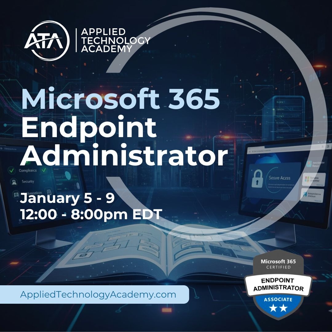 appliedtechac's tweet image. Take control of your organization&apos;s devices and endpoints! 

Join Applied Technology Academy&apos;s training for the @Microsoft  365 Endpoint Administrator (MD-102) certification. This course will teach you how to deploy, configure, secure, manage, and monitor devices and client…