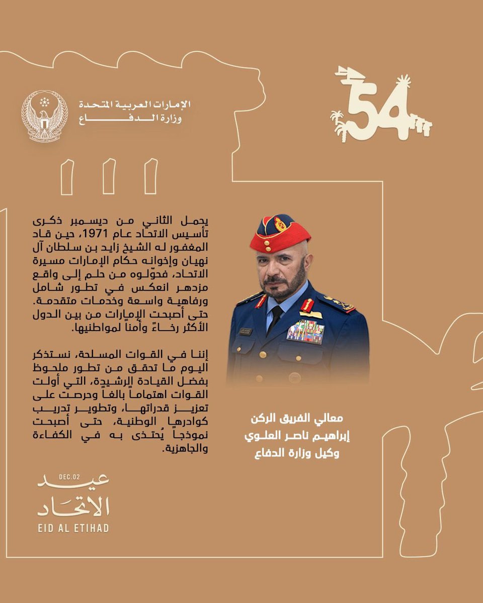 modgovae's tweet image. كلمة معالي الفريق الركن إبراهيم ناصر العلوي، وكيل وزارة الدفاع، بمناسبة اليوم الوطني.

#وزارة_الدفاع 
#وزارة_الدفاع_الإماراتية
#MOD
#UAEMinistryOfDefence
#عيد_الاتحاد_54