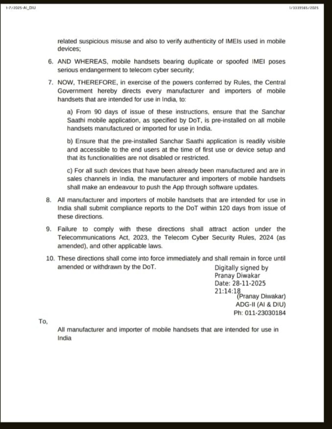pranesh's tweet image. The govt already runs a Central Equipment Identity Register to centrally blacklist IMEI numbers. What&apos;s the point of mandating Sanchar Saathi? Why do this at the level of device rather than networks? (Directive via @nixxin)