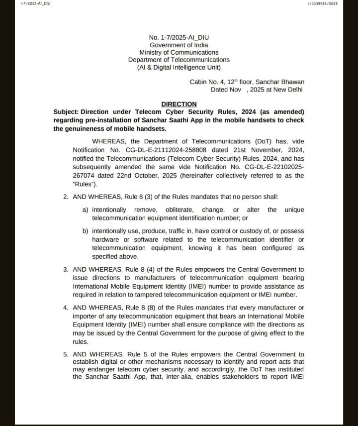 pranesh's tweet image. The govt already runs a Central Equipment Identity Register to centrally blacklist IMEI numbers. What&apos;s the point of mandating Sanchar Saathi? Why do this at the level of device rather than networks? (Directive via @nixxin)