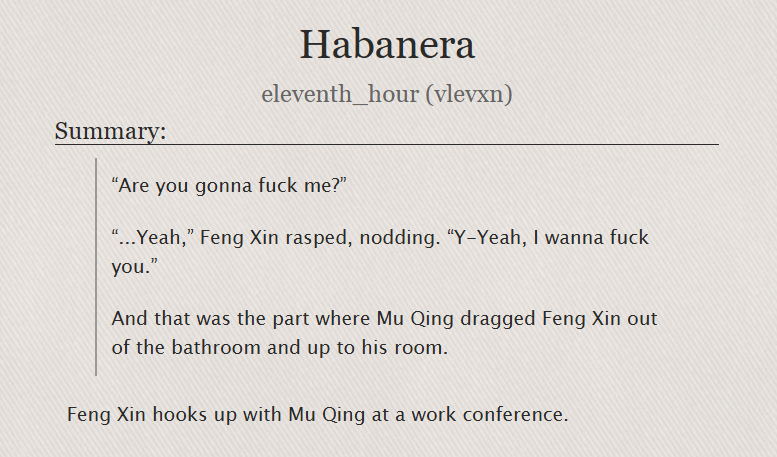 「Habanera」

› tgcf // fengqing
› explicit
› office au
› strangers to enemies
› top feng xin/bottom mu qing

archiveofourown.org/works/75111636