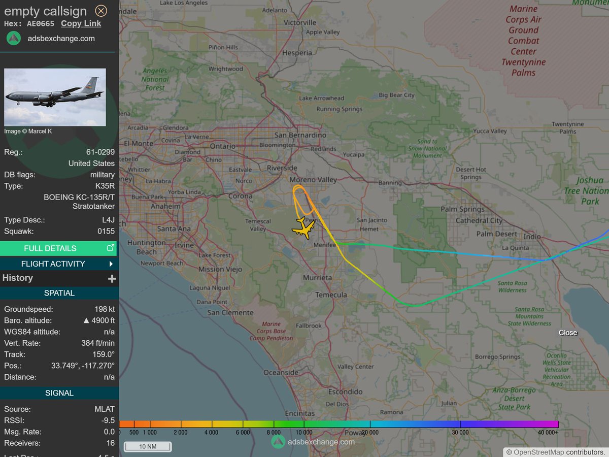 IntelskyB's tweet image. 🇺🇸 ✈️ United States Air Force - BOEING KC-135R/T Stratotanker (AE0665, 61-0299) callsign was spotted over 🇺🇸 Riverside County - United States.
🔴 Live tracking:
1-global.adsbexchange.com/?icao=AE0665
2-flightradar24.com/AE0665
3-airnavradar.com/mode-s/AE0665
#OSINT #SIGINT #ADSB