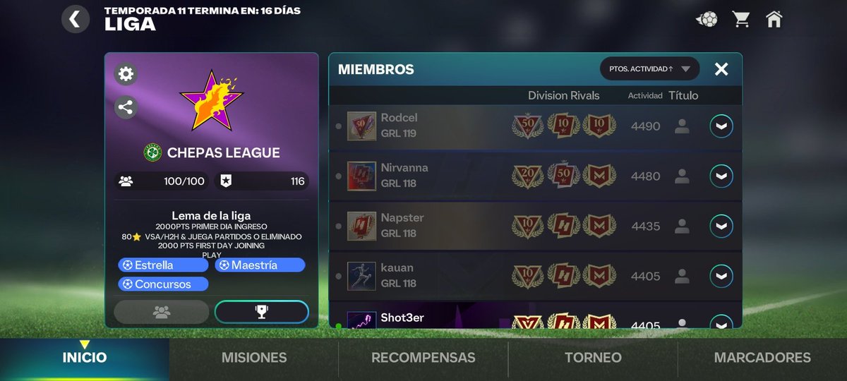 Liga top 50 está en búsqueda de miembros activos.
Requisitos +118 grl, ser bastante activos en torneos y divisiones.
Aporte semanal en actividad.
10k de joyas garantizadas 
<a href="/tutiofifa/">Tío Fifah 🇨🇴 🇵🇸 حرة</a> <a href="/legas1710/">L E G A S</a> <a href="/tahueno146632/">Tio rooney</a> <a href="/11Chamos/">11Čh_amos</a> <a href="/JoseAlep1/">PALLADINO</a> <a href="/HDWolvie/">WolvieHD</a> <a href="/Franklyn_Games/">Franklyn Jhonson</a>