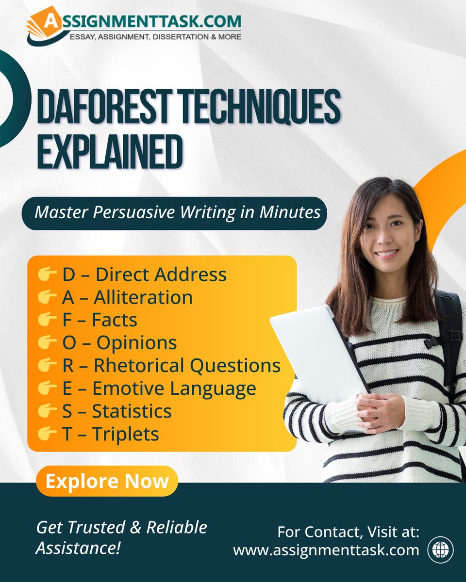AssignmentTask's tweet image. Want to make your writing more powerful, persuasive, and impactful?

Visit at: tinyurl.com/yrzuhdfp

#daforest #persuasivewriting #academicskills #essaytips #writingtechniques #studytips #englishlearning #studentsuccess #apluswriting #homeworkhelp #assignmenttask