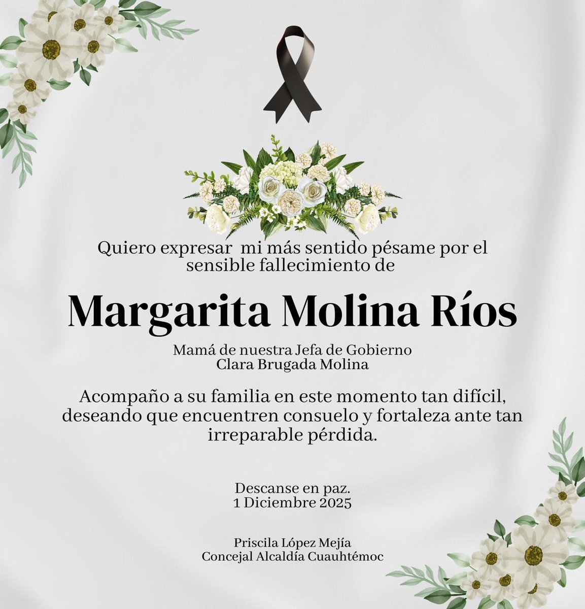 Lamento profundamente el fallecimiento de la mamá de nuestra querida Jefa deGobierno <a href="/ClaraBrugadaM/">Clara Brugada Molina</a> mi mas sentido pesame a su familia y seres queridos en este momento tan difícil. 
Deseando que encuentren consuelo y fortaleza. Descanse en paz.