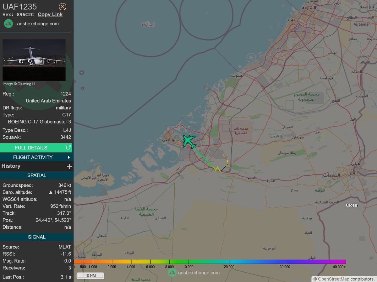 IntelskyB's tweet image. 🇦🇪 ✈️ United Arab Emirates Air Force - BOEING C-17 Globemaster 3 (896C2C, 1224) UAF1235 was spotted over 🇦🇪 Abu Dhabi - United Arab Emirates.
🔴 Live tracking:
1-global.adsbexchange.com/?icao=896C2C
2-flightradar24.com/896C2C
3-airnavradar.com/mode-s/896C2C
#OSINT #SIGINT #ADSB