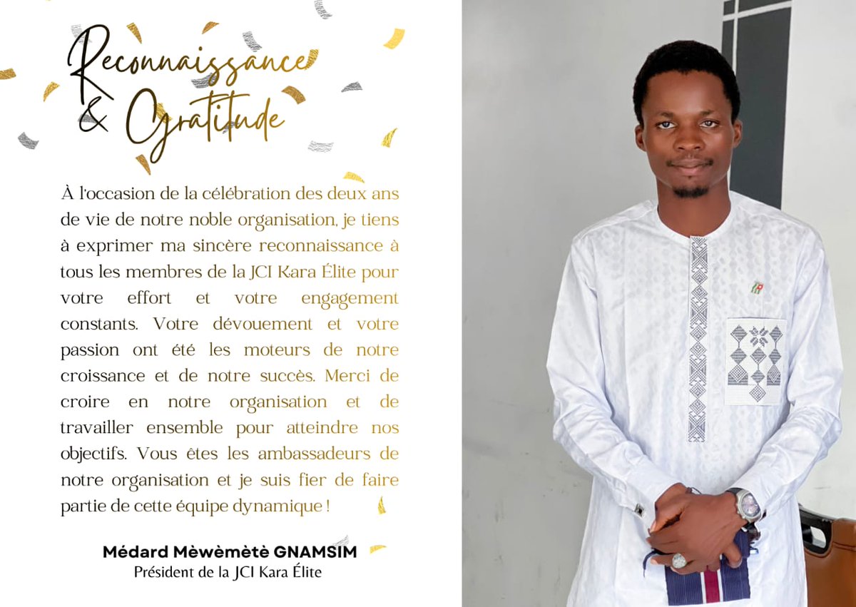 Grâce à vous, nous grandissons avec conviction et sérénité.
Deux ans de passion, d'engagement et de réussite avec la JCI Kara Élite !
Merci à toutes et tous pour votre dévouement et votre travail acharné. Ensemble, nous faisons la différence !
#JCIKaraElite #2Ans #Reconnaissance