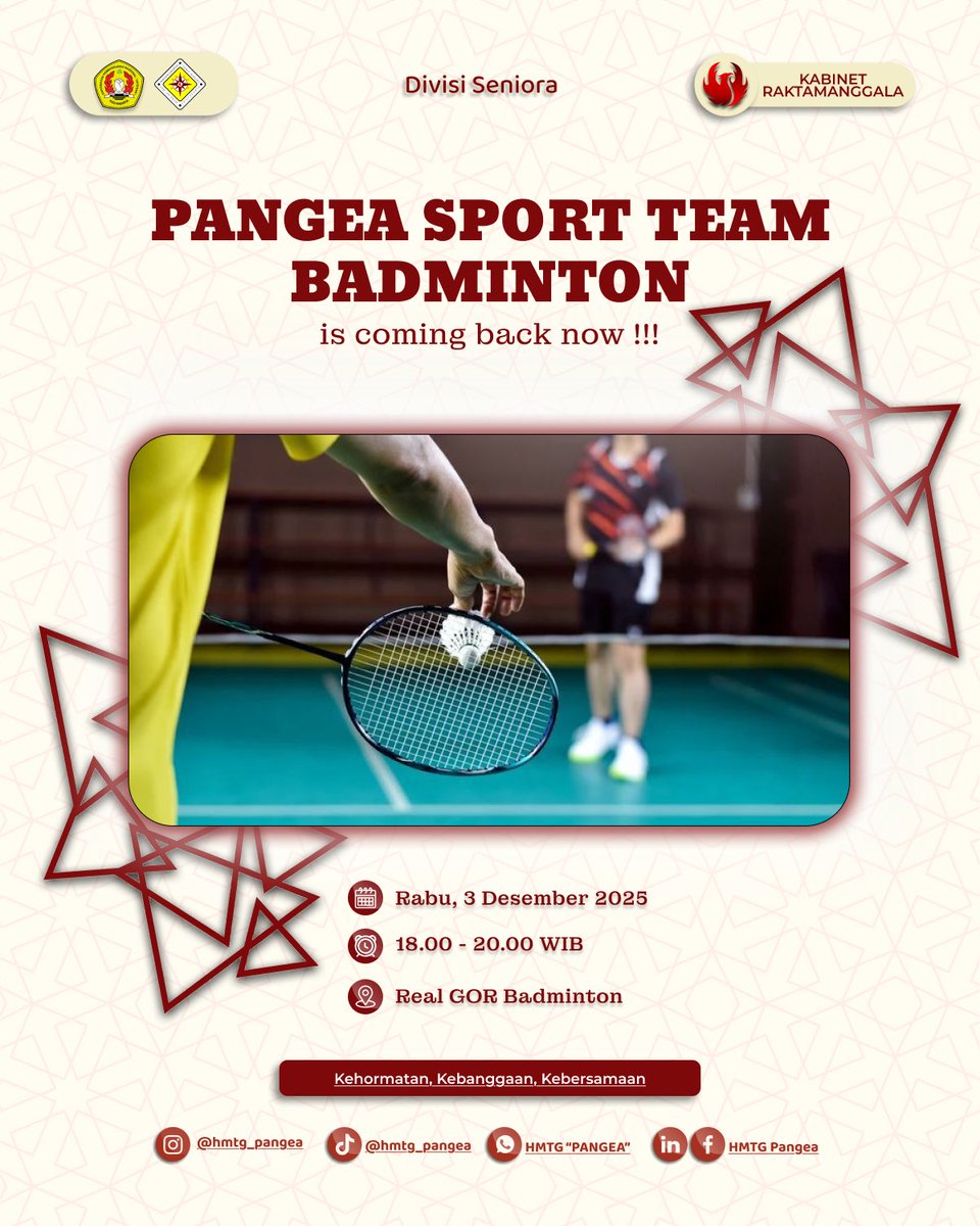 PST Calling🔥
PST COME BACK NOW!!!!

Ramaikan Fun Badminton PST Pada:
-Hari : Rabu, 3 Desember 2025
-Waktu : 18.00-20.00
-Tempat : Real GOR Badminton 
-HTM : 10k

maps.app.goo.gl/b8BA9eVdSHs8ta…

Terimakasih
#raonokowekurangsiji
#raonokowekurangduid