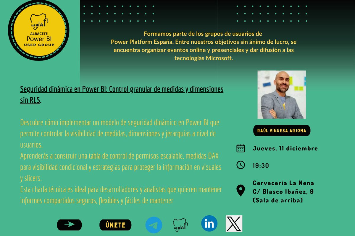 Nueva sesión en <a href="/cervezas_69/">Cervezas69</a> el próximo jueves 11 de diciembre 
🎙️<a href="/Raul_Vinuesa/">Raúl Vinuesa Arjona</a> "Seguridad Dinámica en Power BI"
📍Cervecería La Nena, C/ Blasco Ibañez, 9, Albacete (Sala de arriba)
🗓️ jueves, 11 de diciembre
🕢 19:30 (apertura puertas desde 19:00)

eventbrite.es/e/seguridad-di…