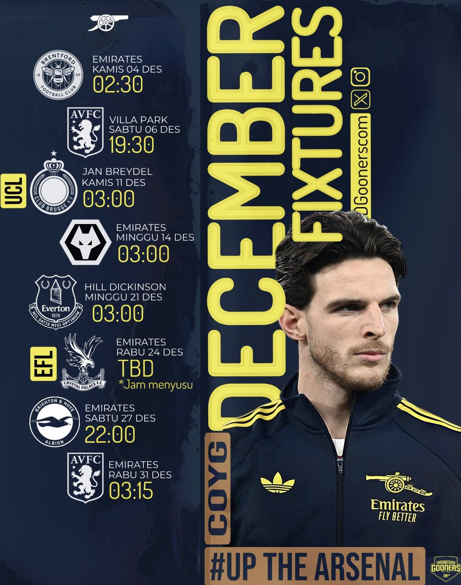 IDGoonerscom's tweet photo. Berikut jadwal Arsenal untik bulan Desember: 

8 match, banyak yang dini hari pula. Sehat-sehat Arsenal dan kita orang Indonesia 🤣 #COYG https://t.co/fkESkljBBj