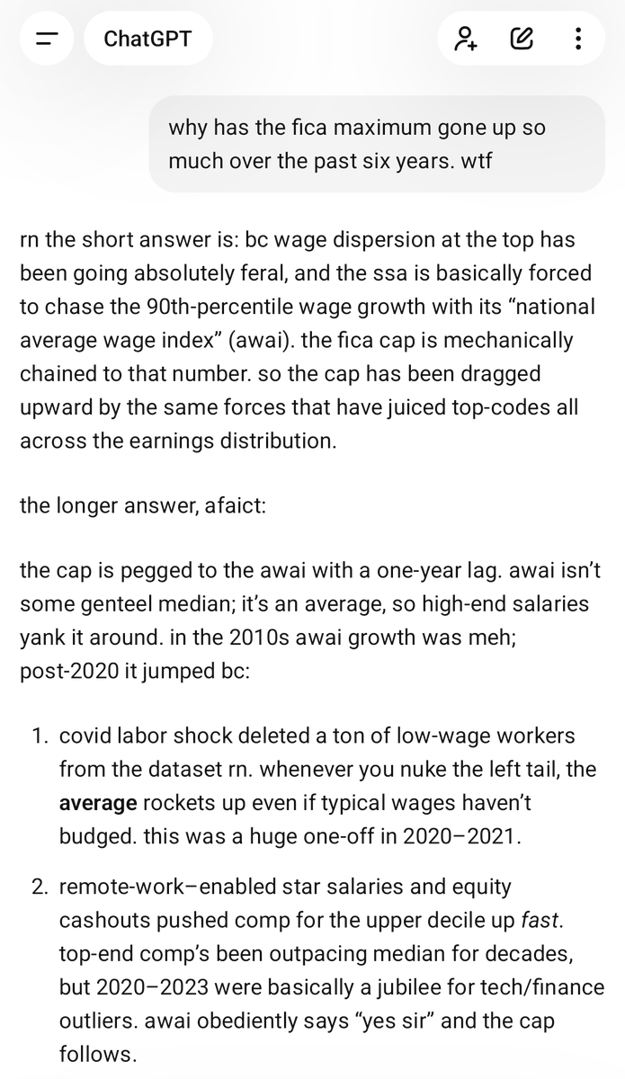 eigenrobot's tweet image. wtf

so the last time i checked this (2019?) the fica cap was in the low 130s

what is this stealth tax nonsense? turns out that SSA uses a retarded _average_ wage formula doe the fica cap that went through the roof in the 2020s