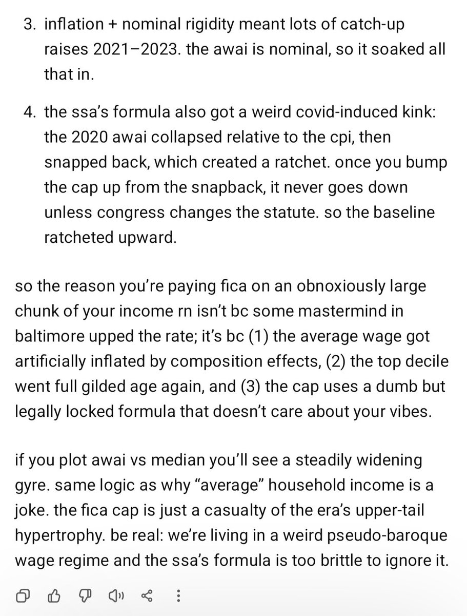 eigenrobot's tweet image. wtf

so the last time i checked this (2019?) the fica cap was in the low 130s

what is this stealth tax nonsense? turns out that SSA uses a retarded _average_ wage formula doe the fica cap that went through the roof in the 2020s