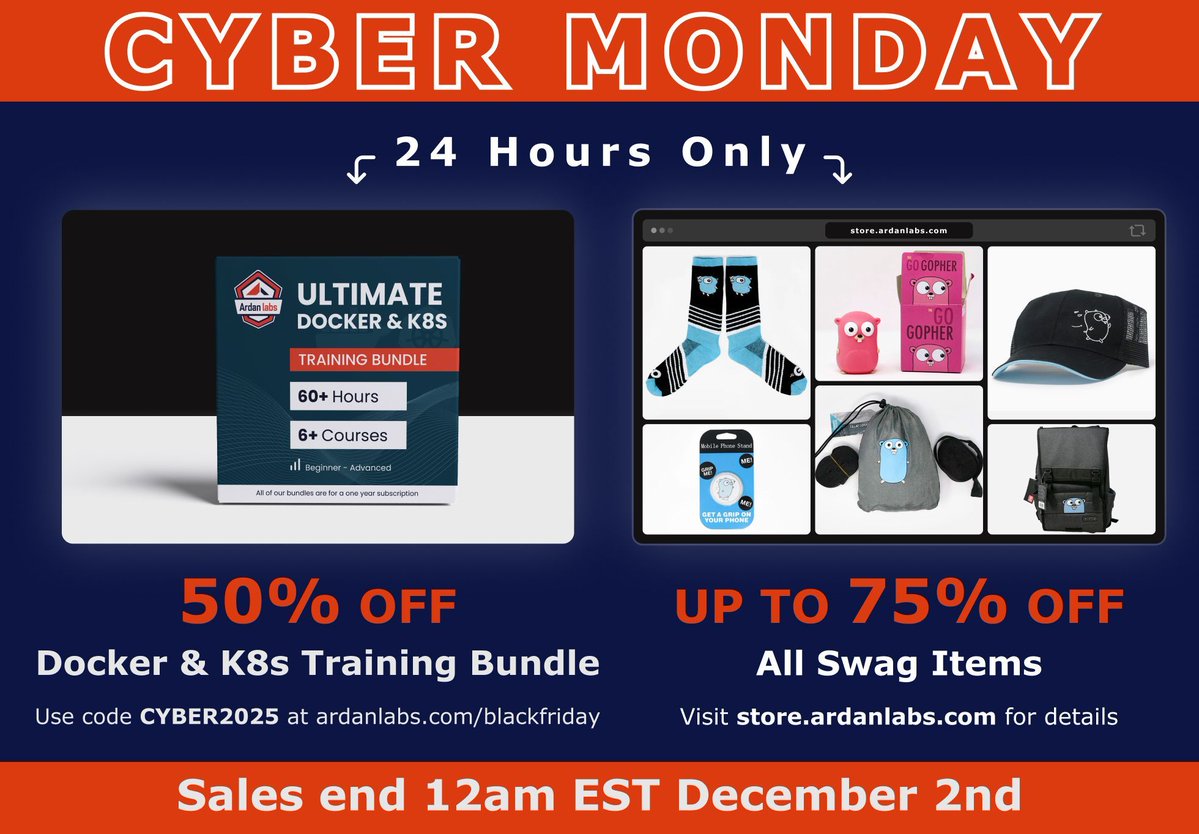ardanlabs's tweet image. ⏳ Don’t be the dev who missed out on our Cyber Monday sale — only a few hours left.

💥 50% OFF – K8s Bundle: ardanlabs.com/cybermonday
🛍️ Up to 75% OFF – Swag Store: store.ardanlabs.com

Once Cyber Monday ends, so do these deals.
🚫No extra hours. No extensions.