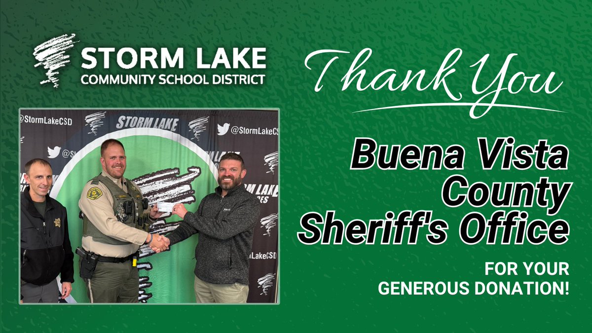 Storm Lake High School extends a heartfelt thank you to the Buena Vista County Sheriff's Office for their generous donation!

This gift will support student incentives tied to positive behavior. We’re grateful for your partnership! 💚🌪️

#AmericasSchool